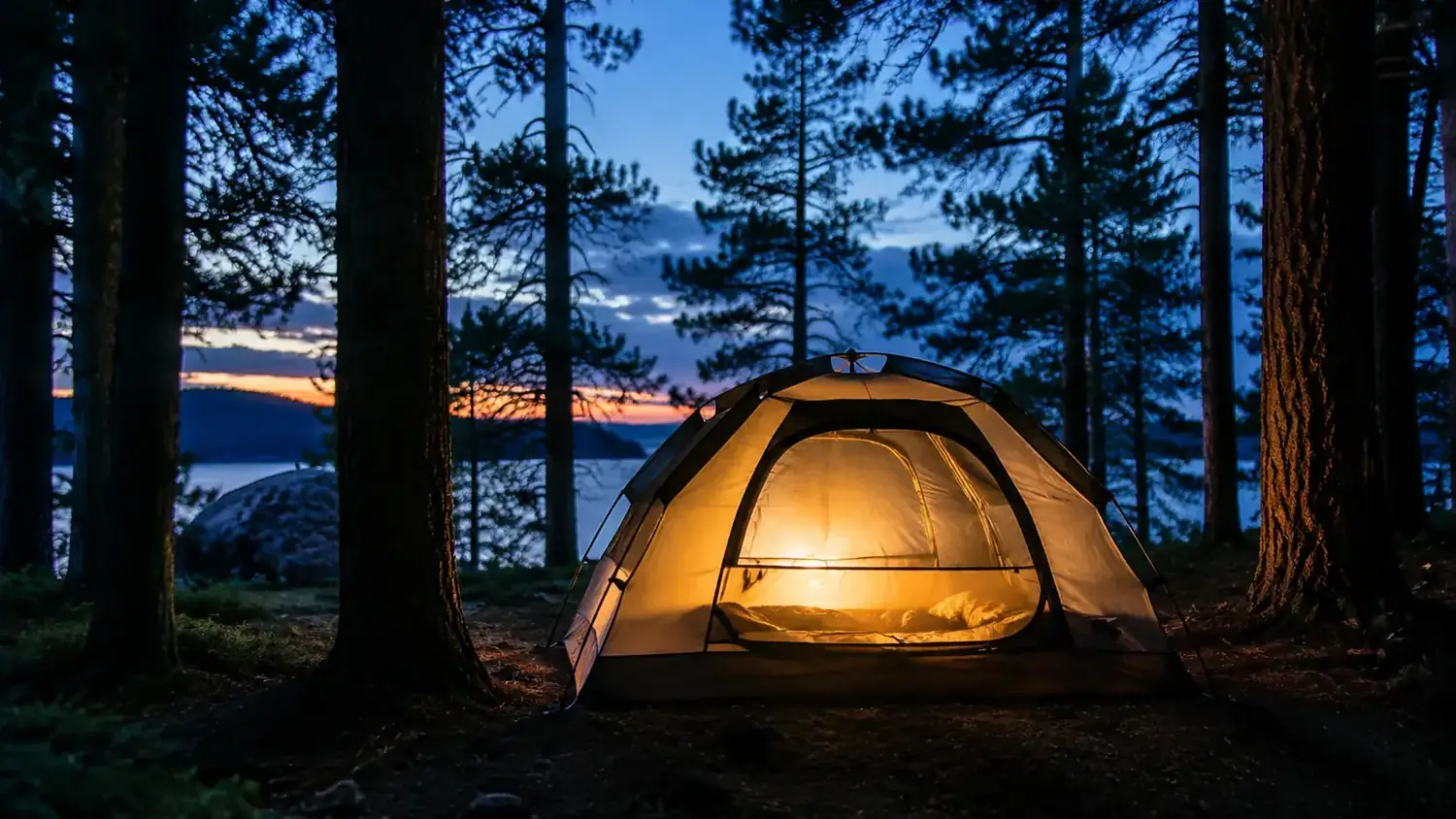 Family car camping tent pitched at a forested campsite at dusk, warm light glowing inside