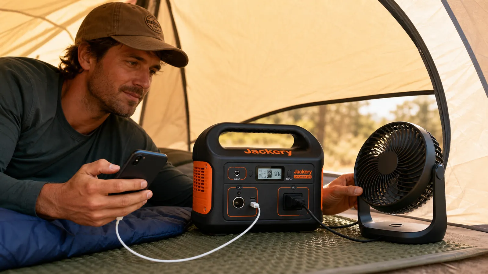 Jackery Explorer 300 portable power station charging a phone and powering a small fan inside a tent at night