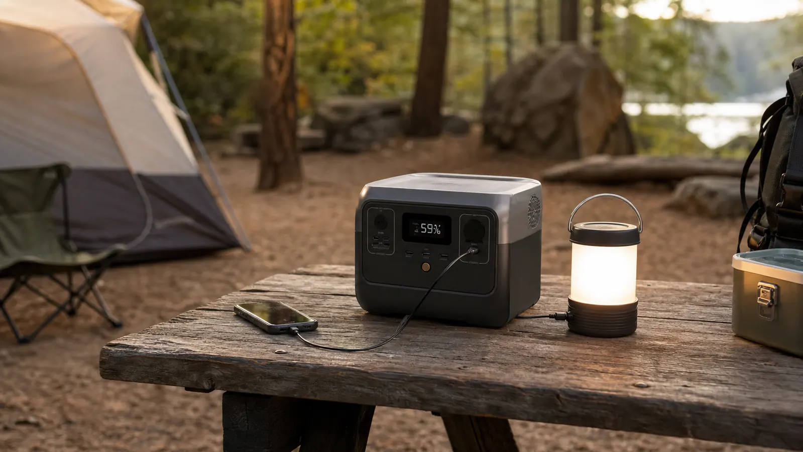 Portable power station sitting on a picnic table at a forest campsite with a phone and camp lantern plugged in at dusk