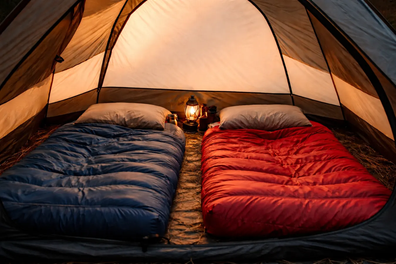 Measuring tape laid across the tent floor showing the 9 by 7 foot interior with two adult sleeping bags occupying nearly the full width