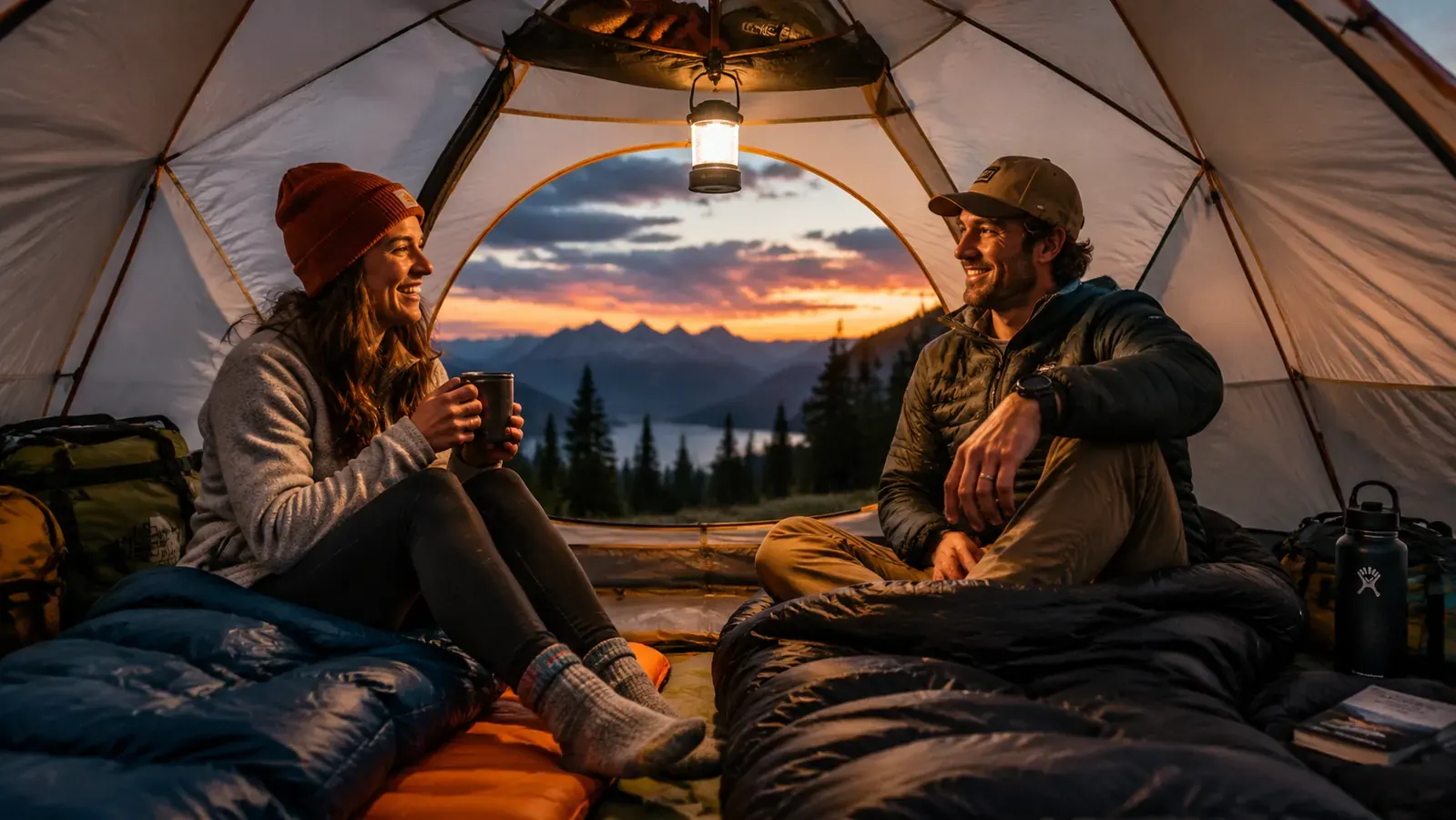 Two adults relaxing inside a spacious tent with gear organized along the sides and a lantern hanging from the center hook