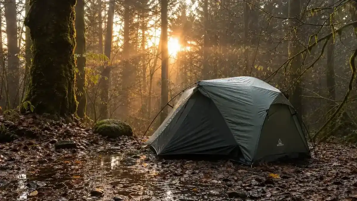 Morning after a storm at a campsite, tent dry and standing, wet ground and fallen leaves around it