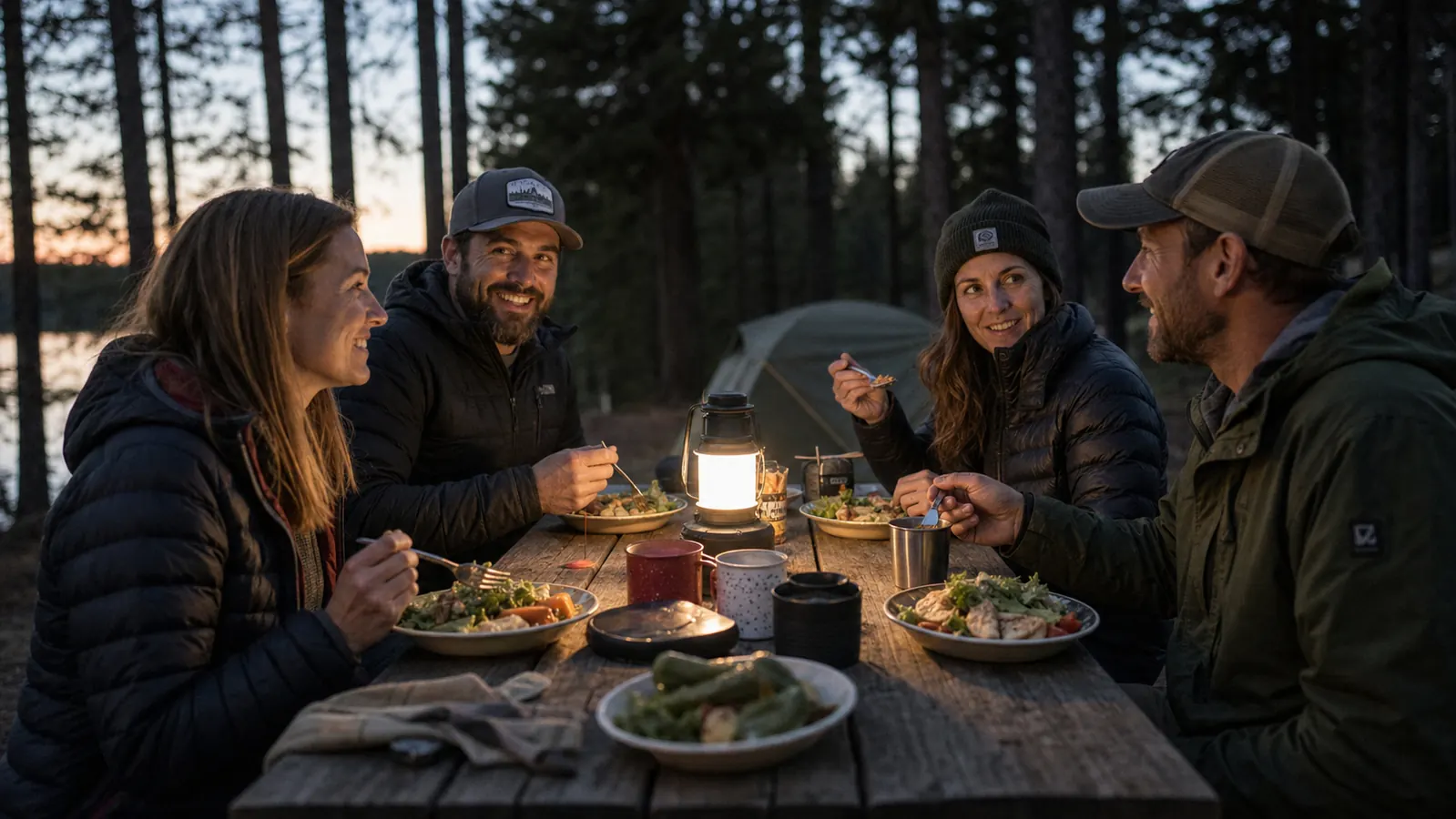 Group of four campers sitting around a picnic table eating from metal camp plates, trees in the background at dusk