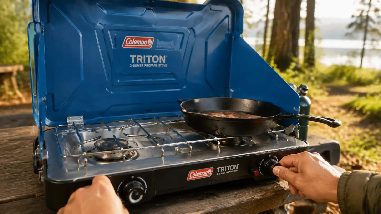 Hand adjusting the left burner knob on the Coleman Triton stove while a cast iron pan heats on the right burner