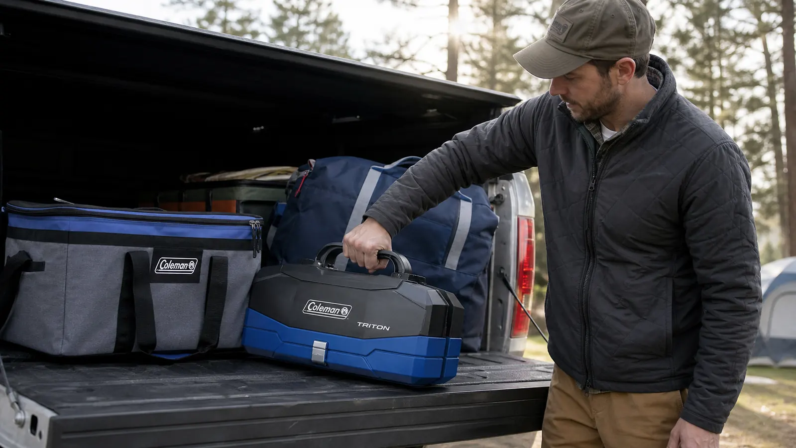 Coleman Triton stove folded closed next to a camp bag and cooler in a car trunk, ready for transport