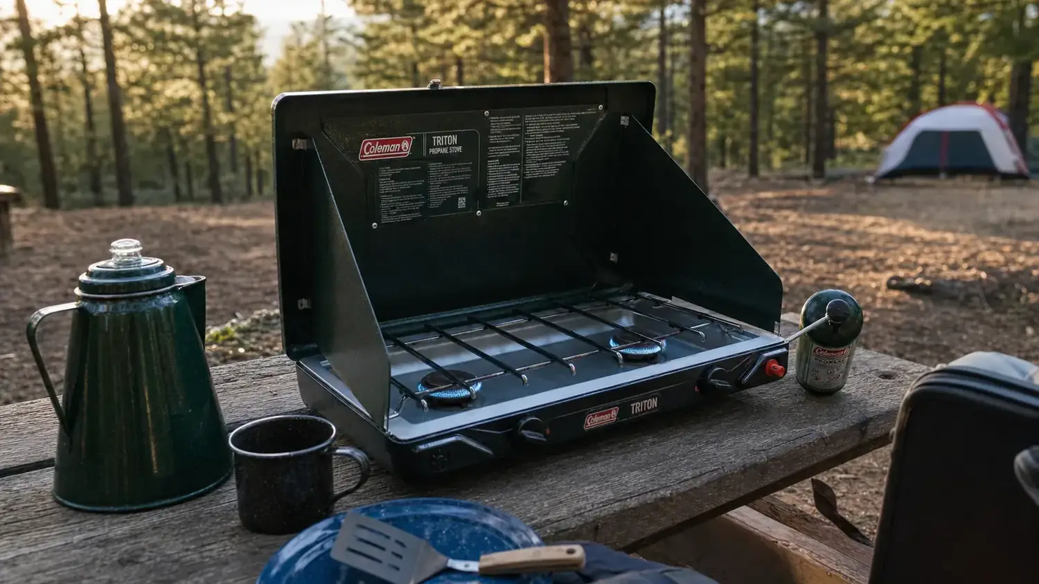 Coleman Triton 2-burner propane stove open on a wooden picnic table at a forested campsite, morning light filtering through pines