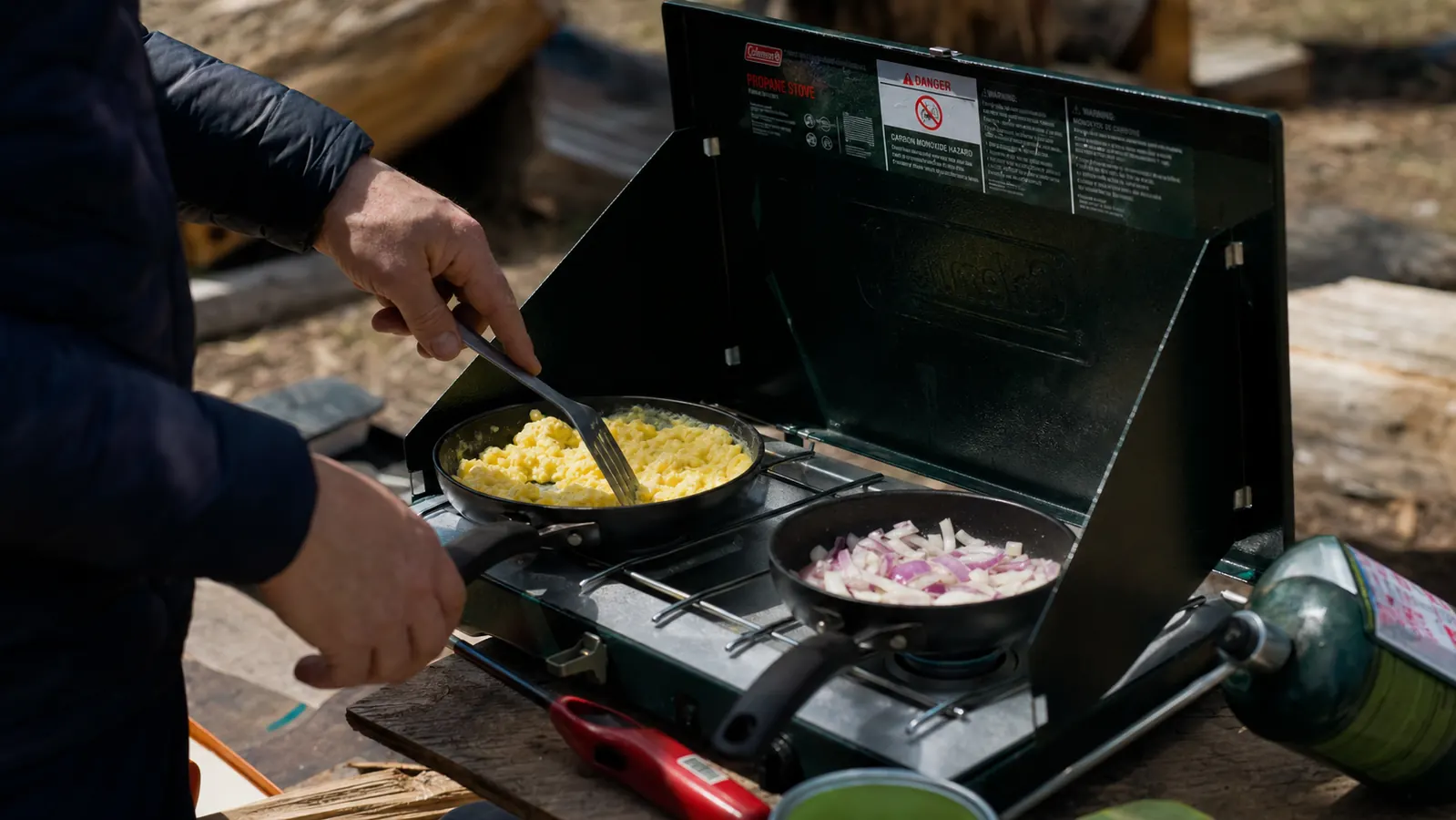 Scrambled eggs and bacon cooking side by side on a 2-burner camp stove