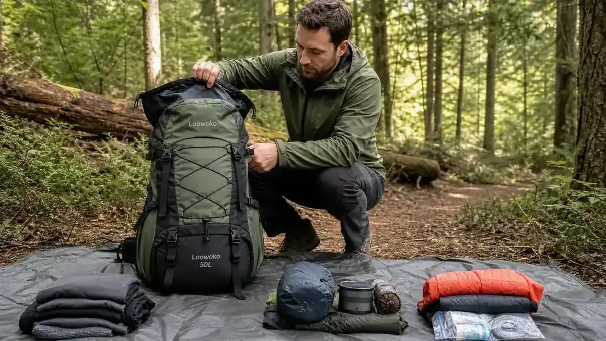 Camper laying out gear in three organized piles on a tarp before loading them into a green backpack