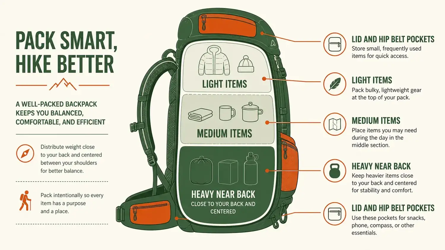 Diagram showing a backpack cross-section with labeled weight zones: bottom zone, core zone, top zone, and external attachment points