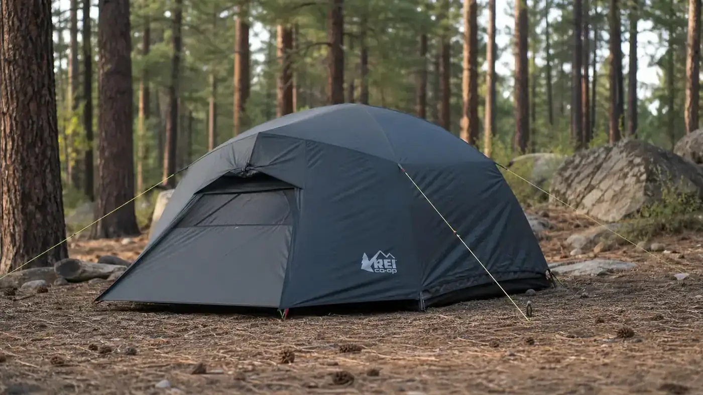 Fully pitched dome tent with rainfly on and guy lines staked out at a campsite with trees in background
