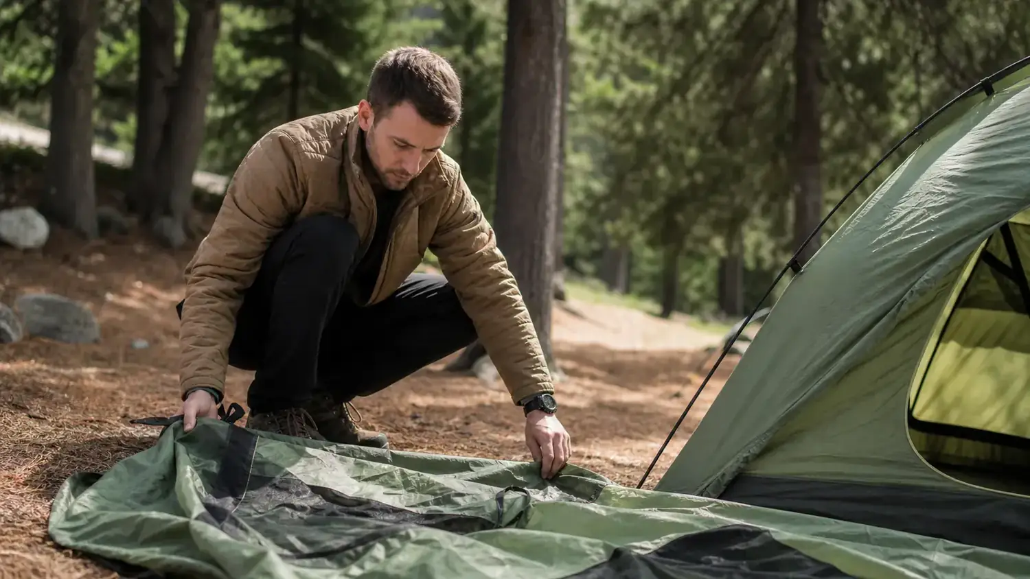 Person setting up a green dome tent alone at a forested campsite on a partly cloudy afternoon