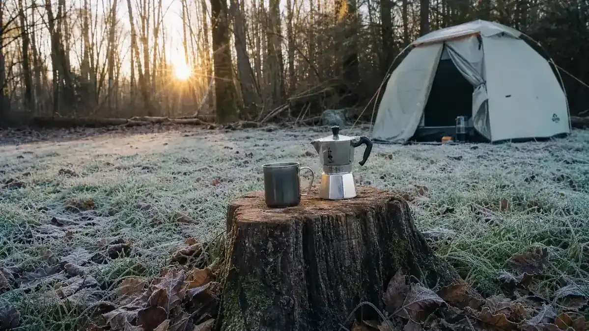 Campsite at dawn showing frost on the grass outside a tent, suggesting cold overnight temperatures