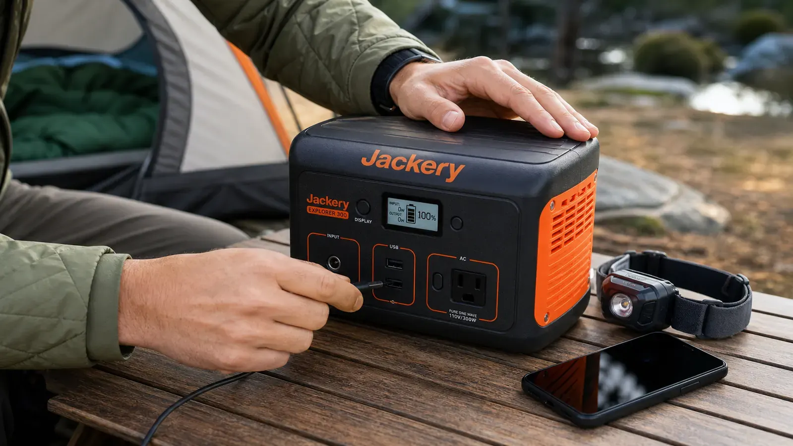 Hands connecting a USB-C cable to the Jackery Explorer 300 while a headlamp and phone sit on a sleeping bag