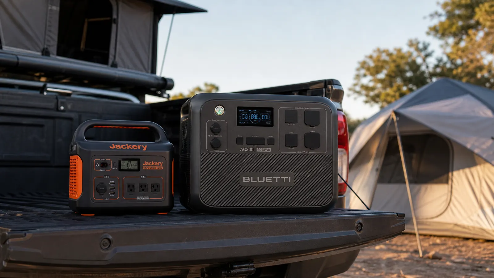Two portable power stations side by side on a tailgate, one noticeably larger than the other