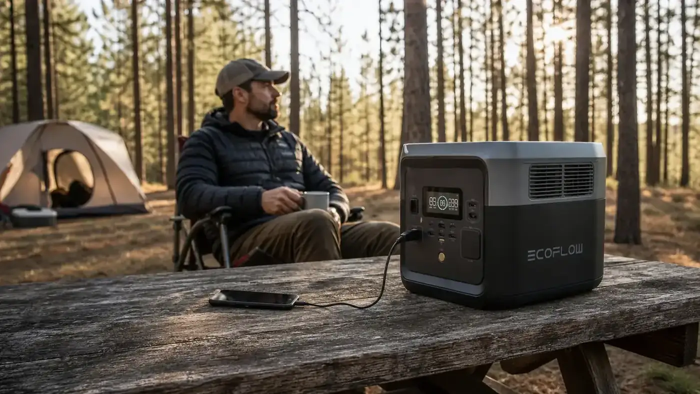 Jackery Explorer 300 sitting on a wooden picnic table at a forested campsite, morning light filtering through pines