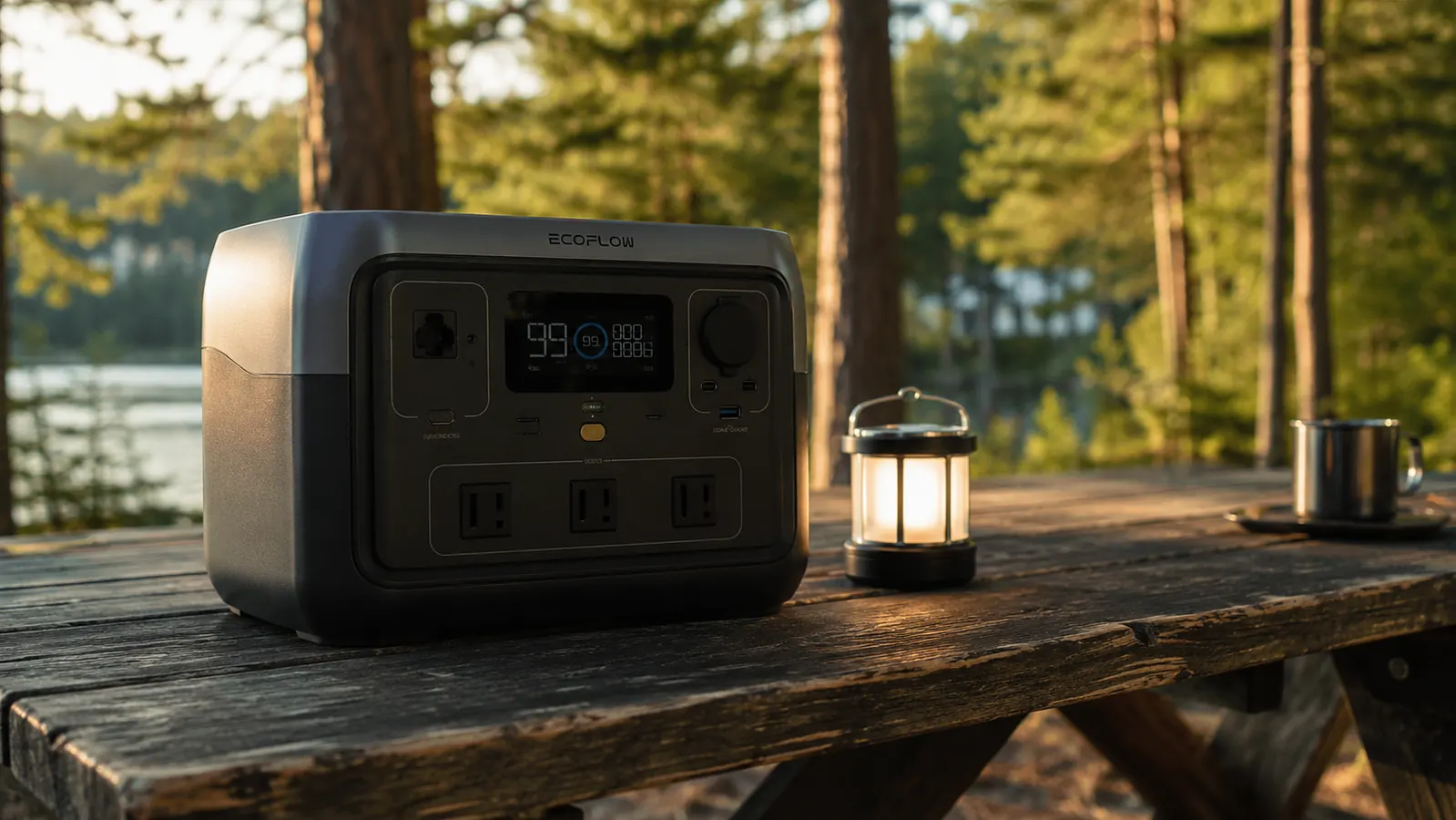 Jackery Explorer 300 power station sitting on a picnic table at a forested campsite at dusk, a camp lantern glowing beside it