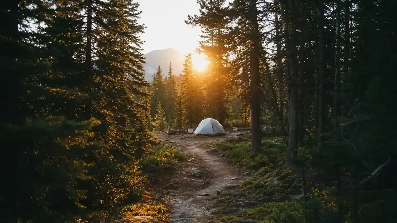 Trail leading into a pine forest at sunrise, campsite just visible through the trees