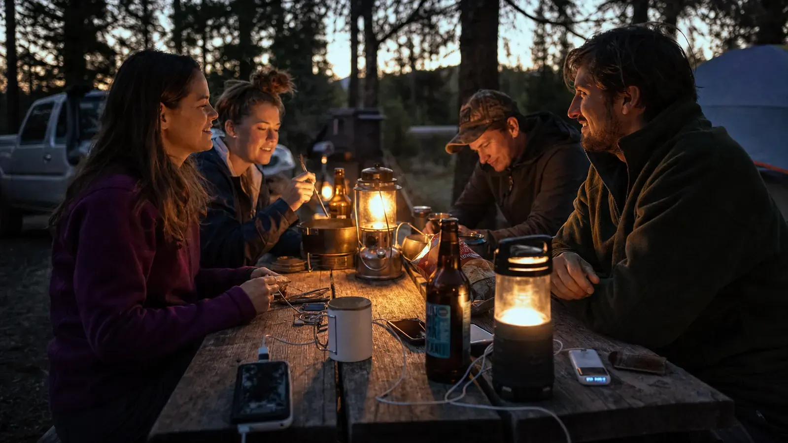 Four campers sitting around a picnic table at dusk, lanterns and phones visible, forest in background