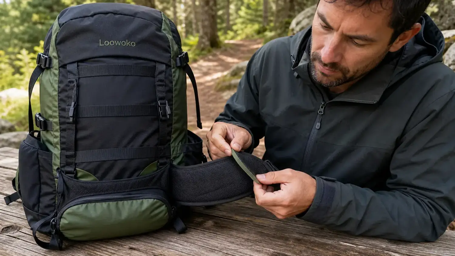 Close-up of the Loowoko 50L hip belt padding being held between two fingers to show its thinness