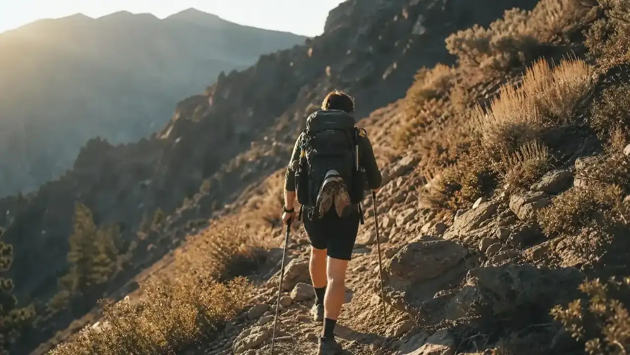 Hiker on a steep rocky trail with a fully loaded backpack, viewed from behind, afternoon light