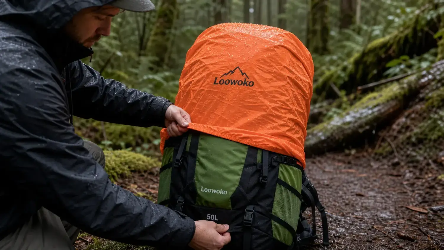 Loowoko 50L rain cover stretched over the backpack in a light drizzle