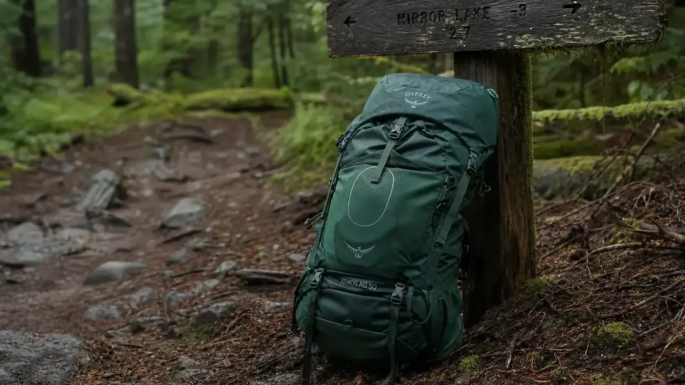 Loowoko 50L hiking backpack leaning against a trail marker post in a pine forest, morning light