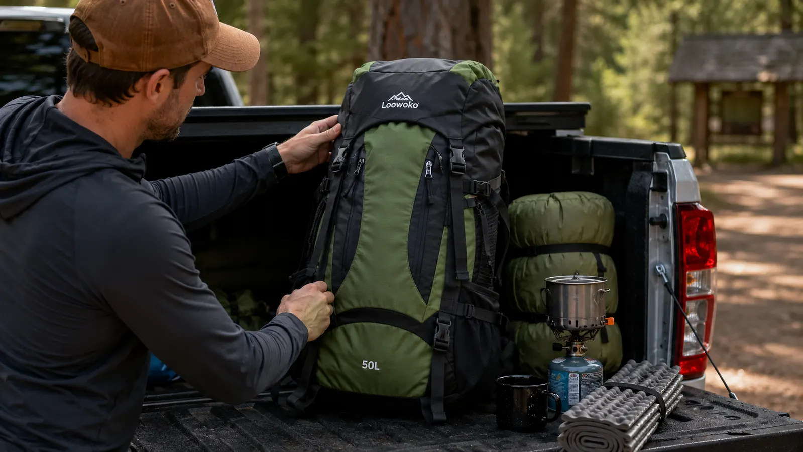 Loowoko 50L backpack being loaded with camping gear on a tailgate