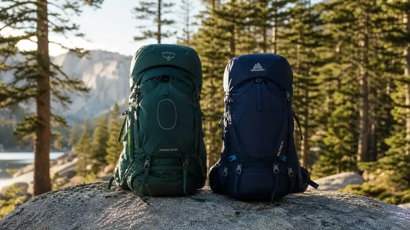 Two hiking backpacks side by side on a rocky trail, one budget and one premium, morning light in the mountains