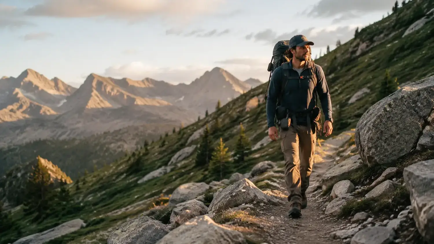 A hiker with a large green backpack moving along a rocky mountain trail at golden hour