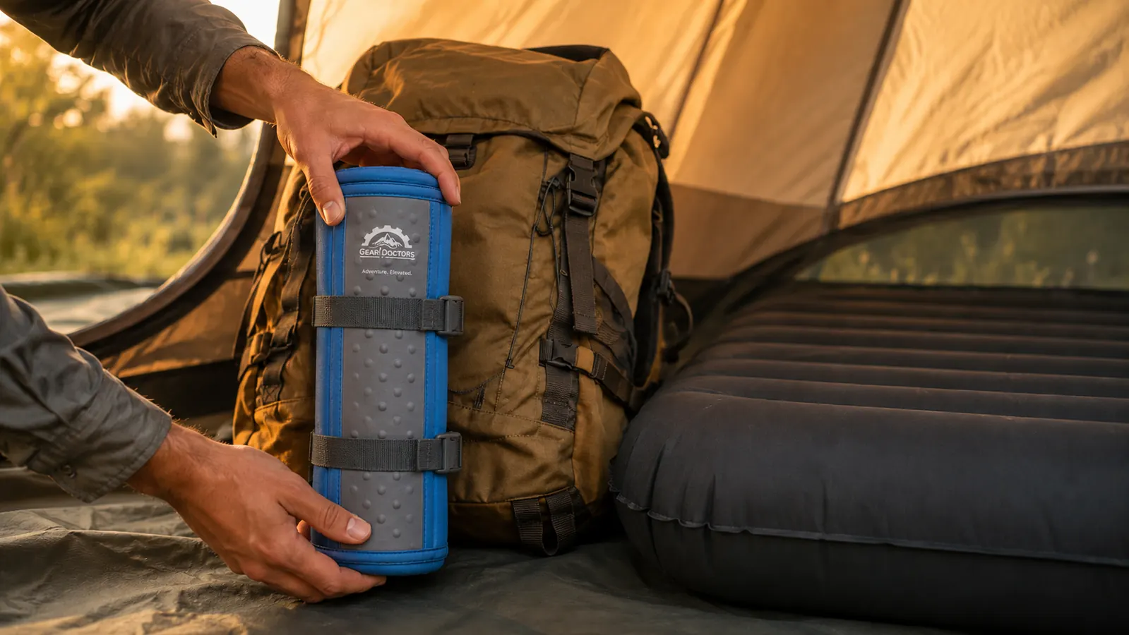 Rolled self-inflating sleeping pad next to a compact stuff sack, both fitting into a backpack side pocket