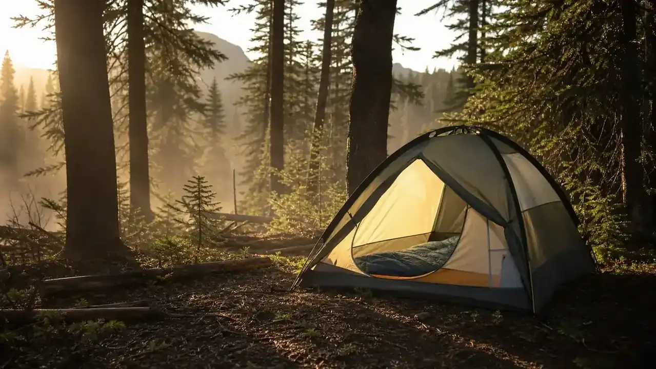Tent pitched in a forest clearing at dawn, soft light filtering through trees, a sleeping bag visible through the open door